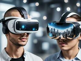 Two Men Wearing Virtual Reality Headsets. AI Generated photo