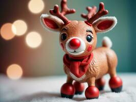 A Toy Reindeer With A Red Nose And A Red Scarf. AI Generated photo