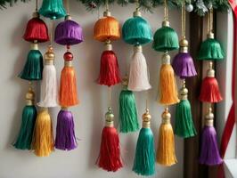 A Christmas Tree With Colorful Tas Hanging From The Top. AI Generated photo