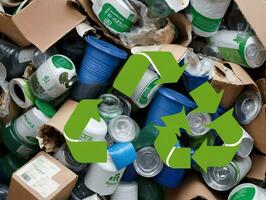 A Pile Of Cans And Cans With Green Arrows. AI Generated photo