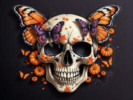 Skull With Butterfly Wings And Pumpkins. AI Generated photo