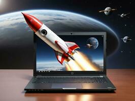 A Laptop With A Rocket Flying Out Of It. AI Generated photo