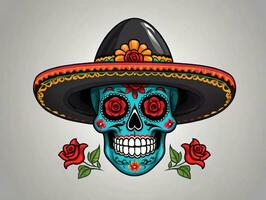 A Skull Wearing A Sombrel Hat And Roses. AI Generated photo