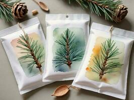 Three Watercolor Paintings Of Pine Trees On White Paper. AI Generated photo