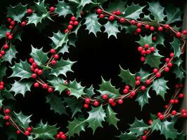 Holly Wreath With Red Berries And Green Leaves. AI Generated photo