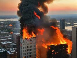 un fuego es visto desde el parte superior de un edificio. ai generado foto