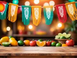 un mesa con Fruta y un guirnalda en él. ai generado foto