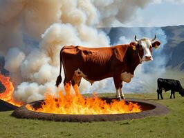 un vaca en pie en un montículo de fuego. ai generado foto