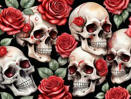 calaveras y rosas sin costura antecedentes. ai generado foto