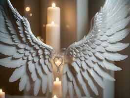 A White Angel Wing With A Candle In The Background. AI Generated photo