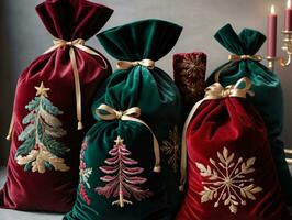 Three Velvet Bags With Christmas Decorations. AI Generated photo