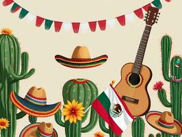 un mexicano guitarra sombrero y cactus con un mexicano bandera. ai generado foto