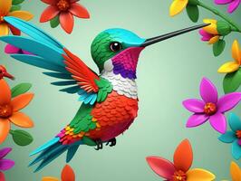 A Colorful Humming Bird Flying Through Flowers. AI Generated photo