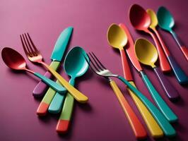 Colorful Cutlers And Spoons On A Purple Background. AI Generated photo