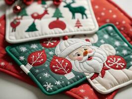 A Santa Clause On A Quilted Christmas Pillow. AI Generated photo