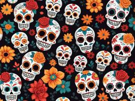 A Seam Pattern With Skulls And Flowers. AI Generated photo