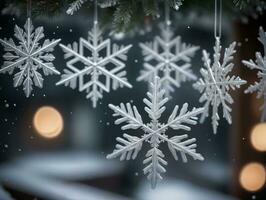 copos de nieve en un Navidad árbol. ai generado foto