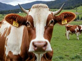 un marrón y blanco vaca. ai generado foto