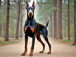 A Dobermano Standing In The Woods. AI Generated photo