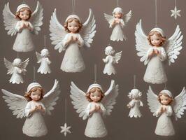 A Set Of Twelve White Angel Ornaments Hanging From The Collection. AI Generated photo