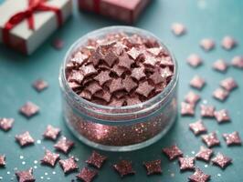 Pink Glitter In A Small Glass Jar With Pink Stars. AI Generated photo