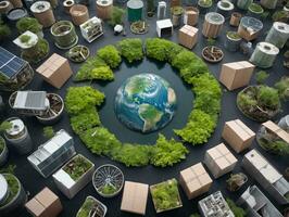A Circular Arrangement Of Cardboard Boxes And A Globe Surrounded By Trees. AI Generated photo