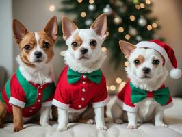 Three Small Dogs Wearing Christmas Clothes. AI Generated photo