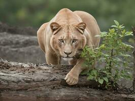 A Large Lion Walking On A Log. AI Generated photo