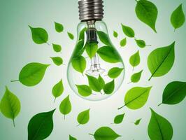 A Light Bulb With Green Leaves Around It. AI Generated photo