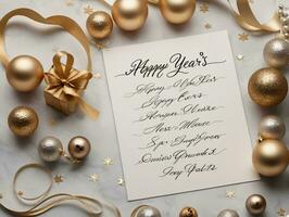 Happy New Year Greeting Card With Golden Christmas Balls And Golden Ribbons. AI Generated photo
