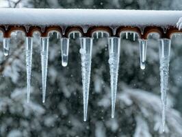 Icicles On A Roof In The Snow. AI Generated photo