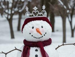 A Snowman Wearing A Crown And A Scarf. AI Generated photo