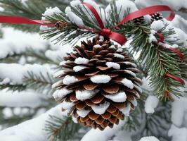 A Pine Cone With A Red Ribbon And A Red Bow On It. AI Generated photo