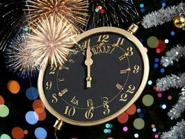 A Clock With Fireworks In The Background. AI Generated photo