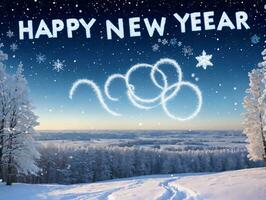 A Snowy Scene With A Happy New Year Written In The Sky. AI Generated photo