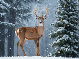 A Deer Standing In The Snow Next To A Christmas Tree. AI Generated photo