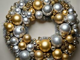 A Wreath Made Of Silver And Gold Ornaments. AI Generated photo