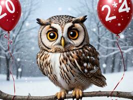 A Owl Sitting On A Branch With A Red Balloon. AI Generated photo