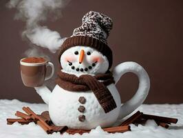 A Snowman With A Cup Of Hot Coffee. AI Generated photo