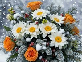 A Bouquet Of Flowers In A Vase With Snow. AI Generated photo