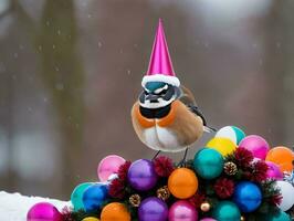 un pájaro sentado en parte superior de un Navidad árbol. ai generado foto