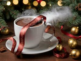 A Cup Of Hot Chocolate With A Red Ribbon. AI Generated photo