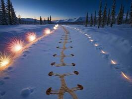 A Long Exposure Of Fireworks On A Snowy Path. AI Generated photo