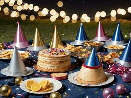 A Table With A Cake And Party Hats. AI Generated photo