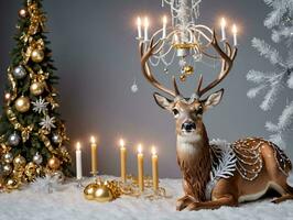 A Deer Statue With A Christmas Tree In The Background. AI Generated photo