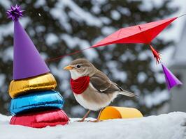 un pájaro es sentado en un pila de globos ai generado foto