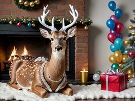 A Deer Statue Sitting On A Rug Next To A Christmas Tree. AI Generated photo