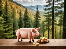 A Pig Figurin Sitting On A Table With A Plate Of Food. AI Generated photo