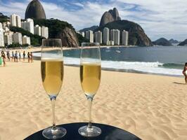 dos lentes de champán en un mesa en el playa. ai generado foto