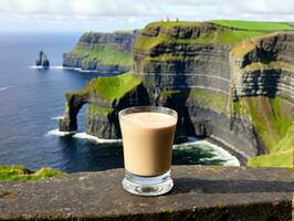 A Glass Of Coffee On A Rock Overlooking The Ocean. AI Generated photo